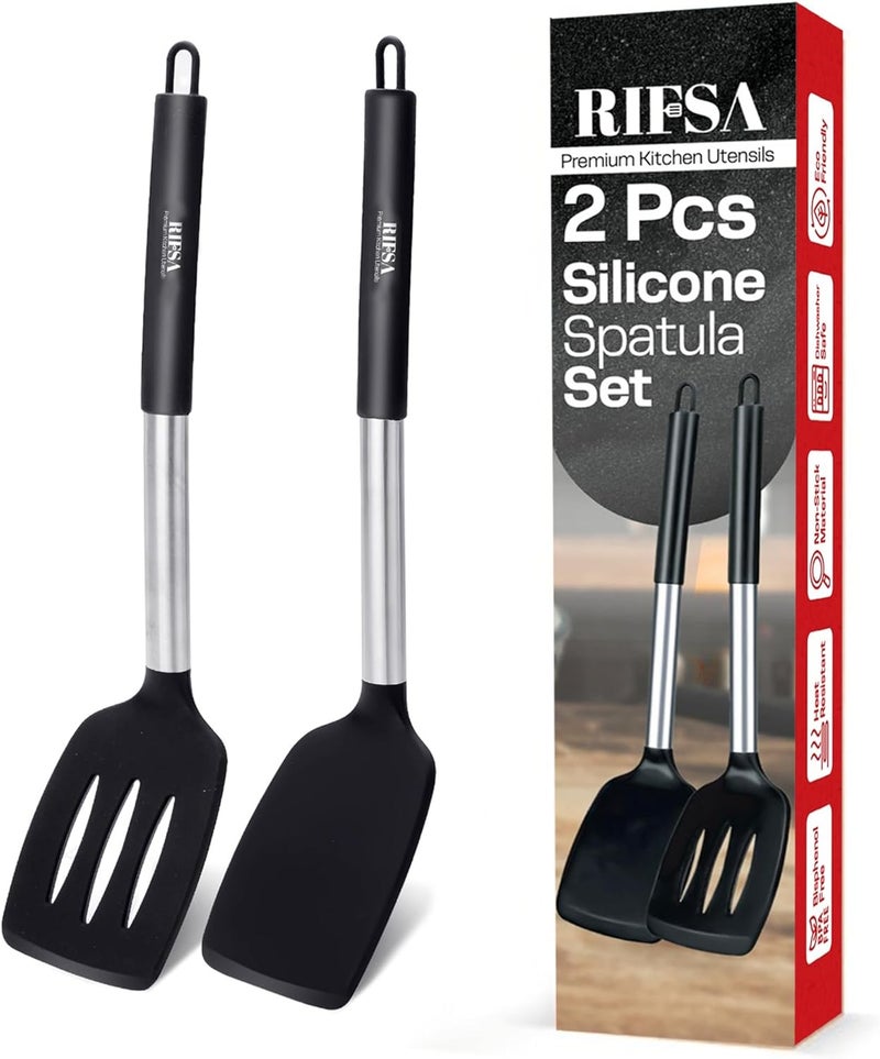 Rifsa Silicone Spatula Set - Pack of 2 Non Stick Slotted Kitchen Spatulas, Heat Resistant Silicone Turner for Frying, Baking, BPA-Free, Slotted Spatula for Nonstick Cookware - Image 1